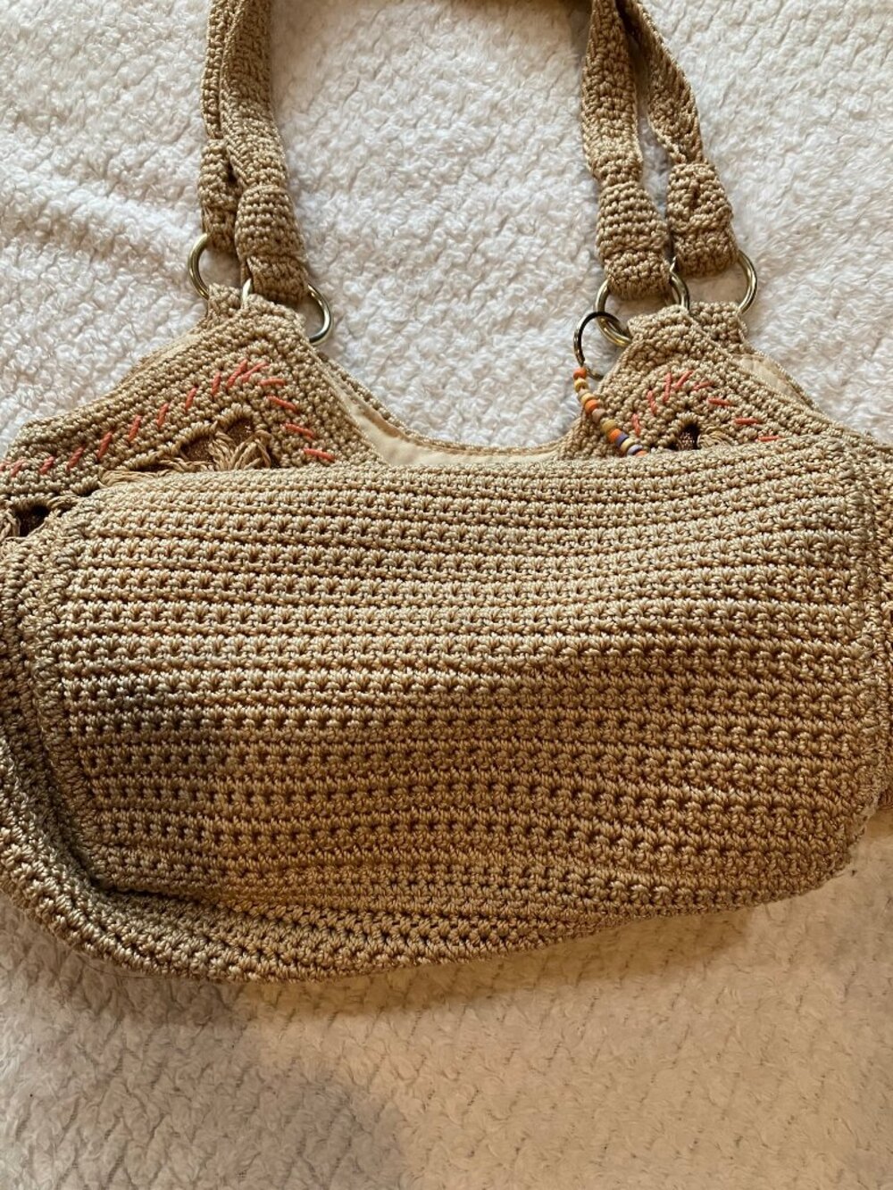 The Sak Crochet Shoulder Bag Tan Floral Knit Tassel Boho Straw Woven Tote Purse - Picture 5 of 12
